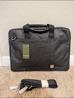 Knomo Black Canvas & Leather Briefcase with Removable Strap